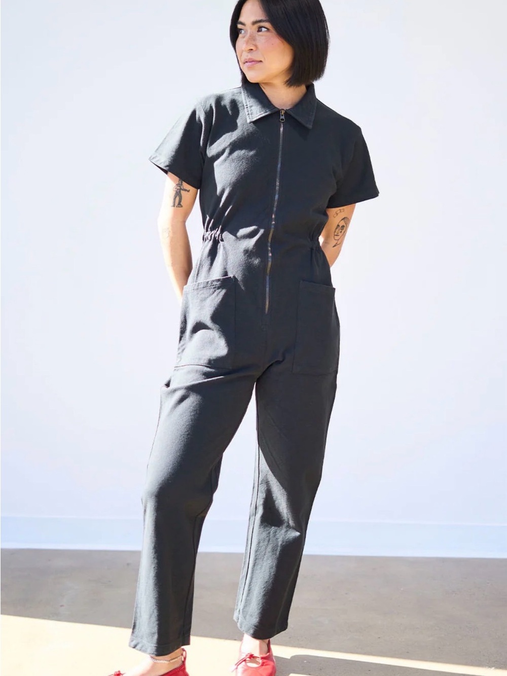 Noble Black Short-Sleeve Zip-Front Utlility Suit
